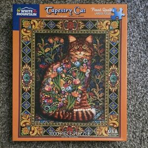 White Mountain Tapestry Cat Puzzle - Vibrant Floral Design